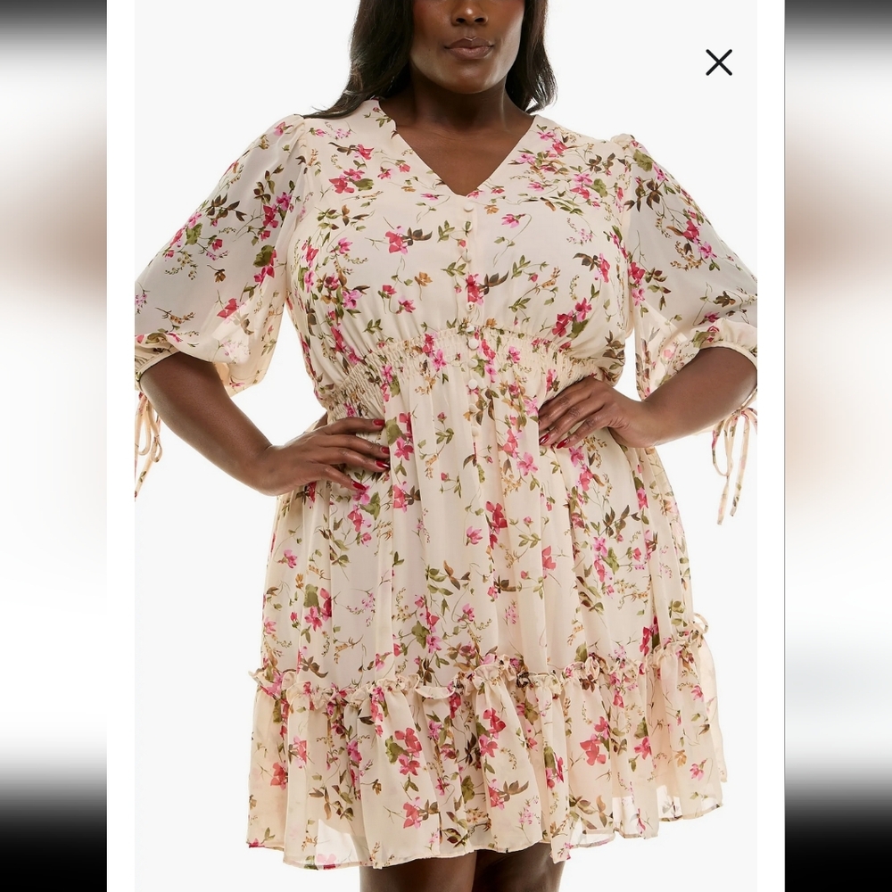 Taylor Beige Pink Floral 3/4 Sleeve Ruffle Hem Mini Dress Women's Plus Size 22W